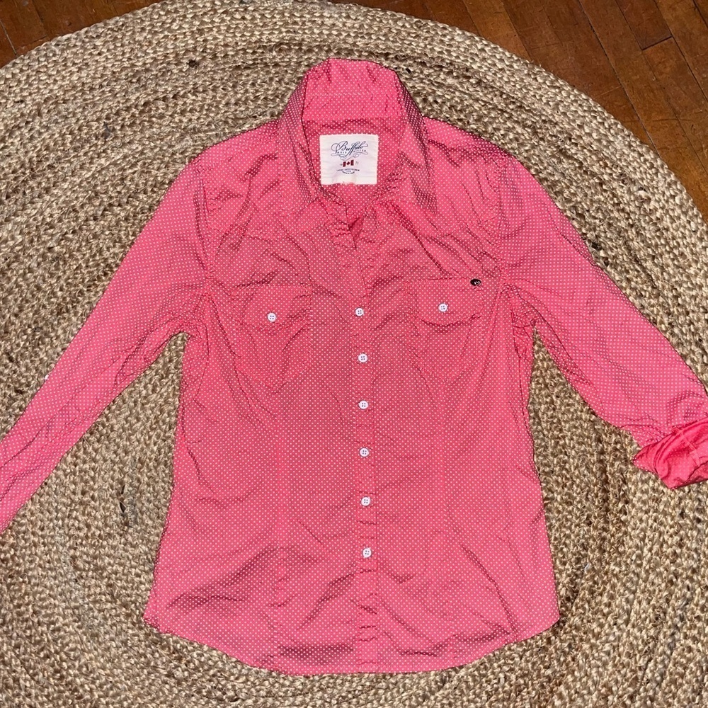 Buffalo Pink Polka Dot Button Shirt -logo -roll up sleeve button detail -SZM EUC